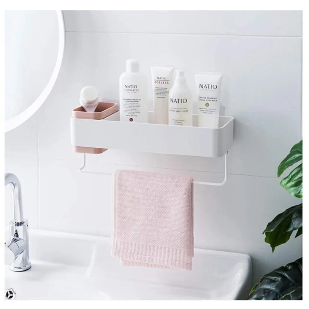 Lunmore Adhesive Bathroom Shelf Storage with Towel Bar In Pink